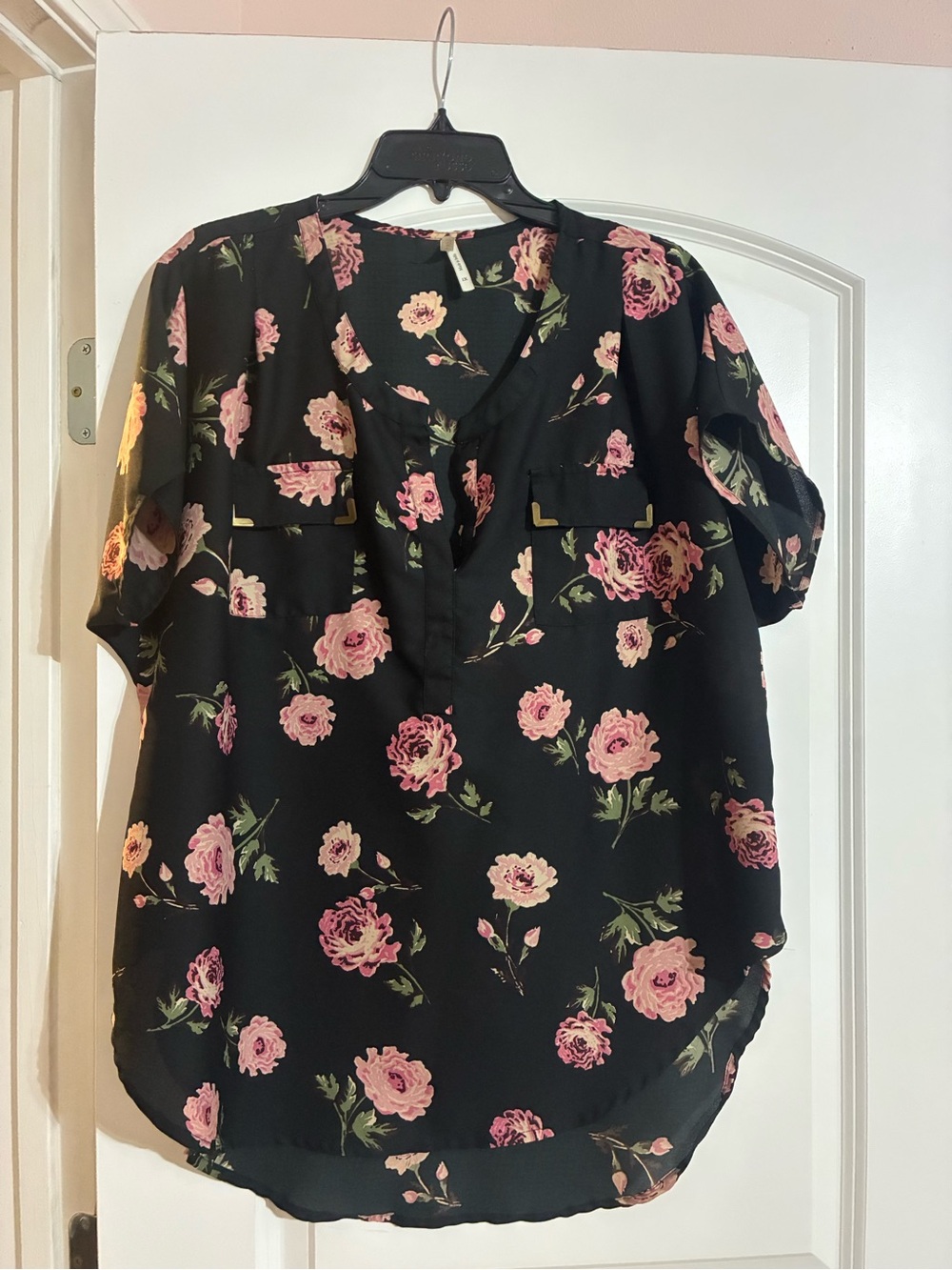 Live 4 Truth Black Floral Blouse with Pink Roses